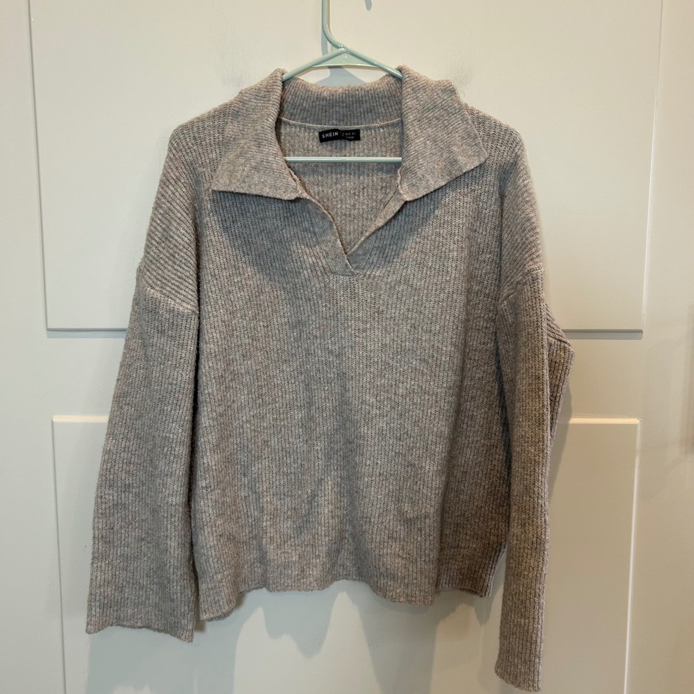 Women Sweater Knit Collared Pullover Long Sleeve Blush Beige Size M Soft Cozy‎